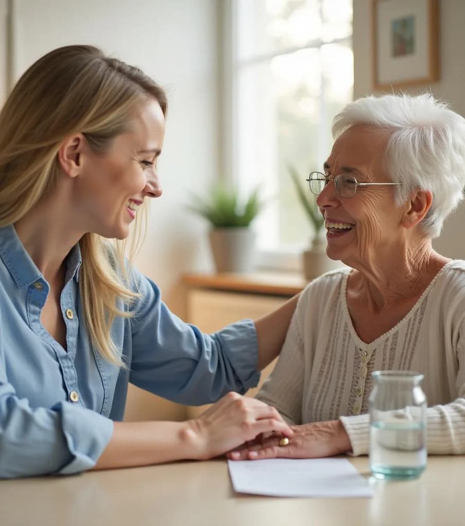 Alltagsbegleiterin im persönlichen Gespräch mit einer Seniorin zu Hause